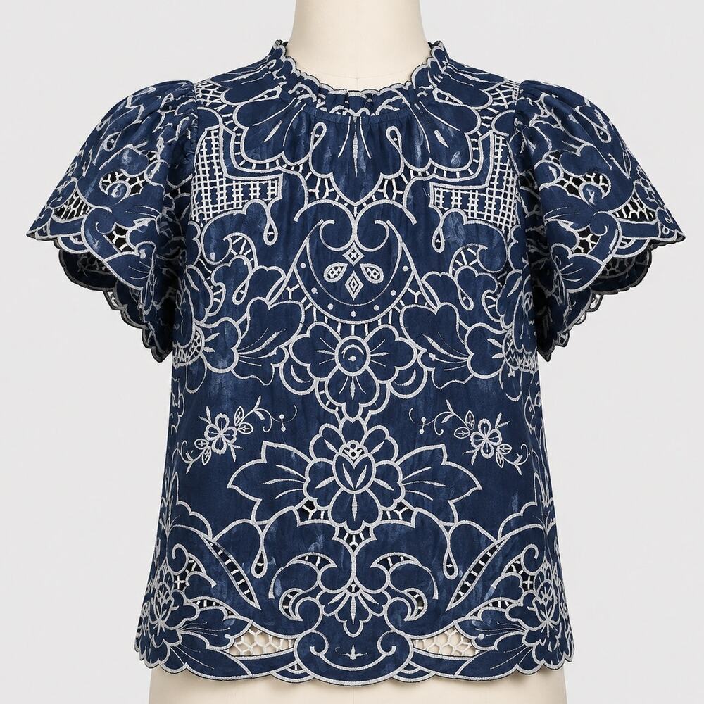 Anthropologie Blue Embroidered Floral Puff Sleeve Top Women’s XS Linen Blouse
